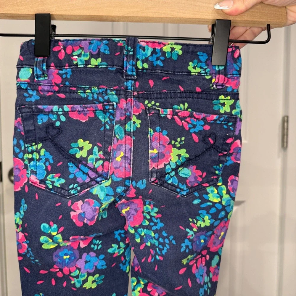 The Childrens Place Girls Floral Jeggings Navy Blue Pink‎ Stretch Pants Size 5
